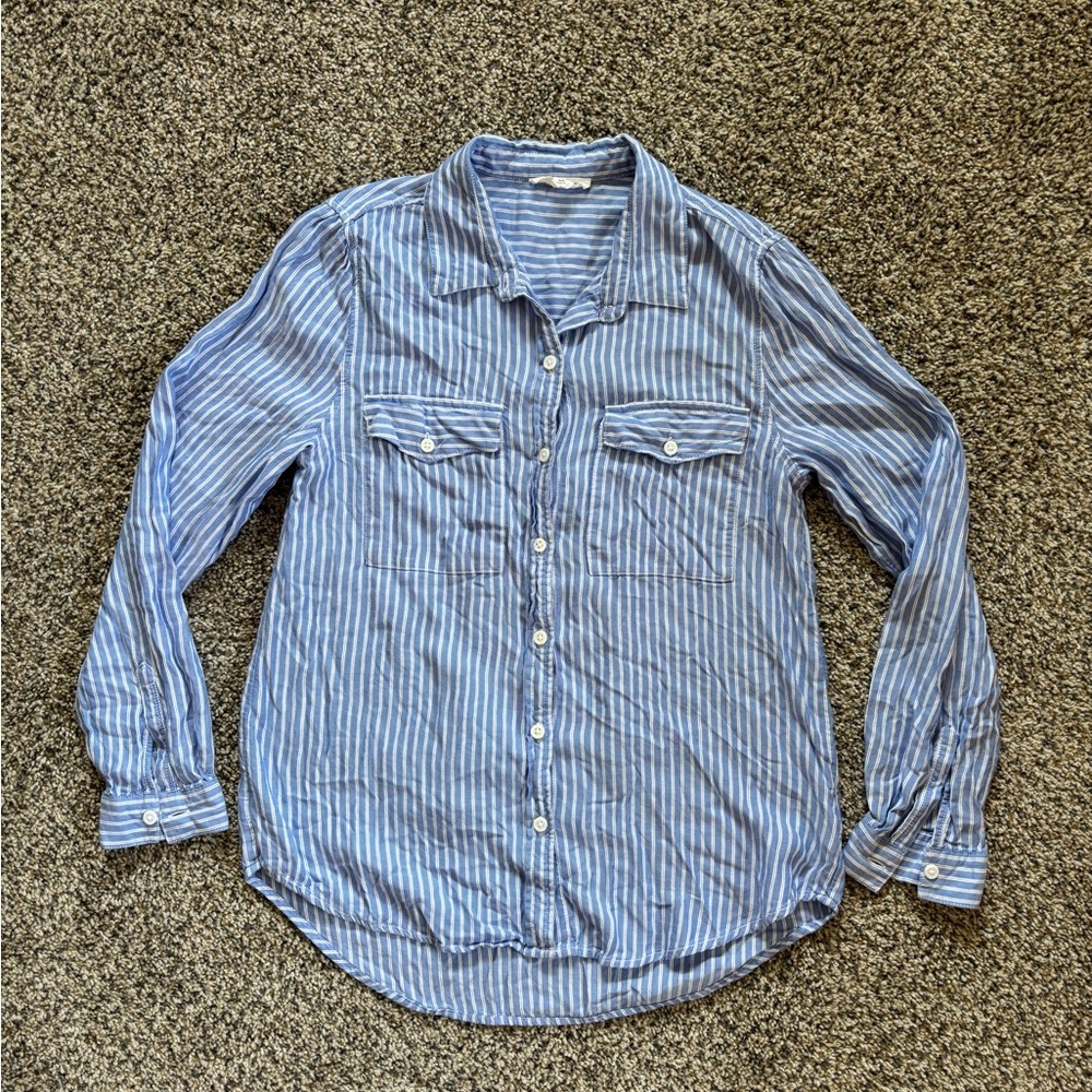 BeachLunchLounge Blue White Striped Button Down Collared Long Sleeve Shirt Small